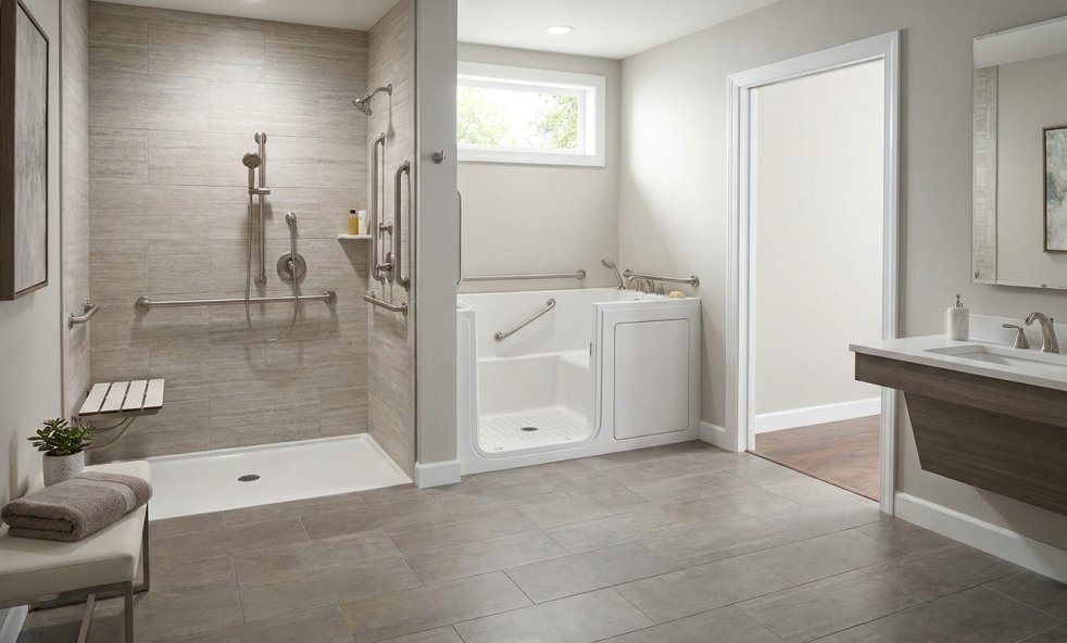 Accessible bathroom with walk-in shower, safety grab bars, and walk-in tub beside vanity